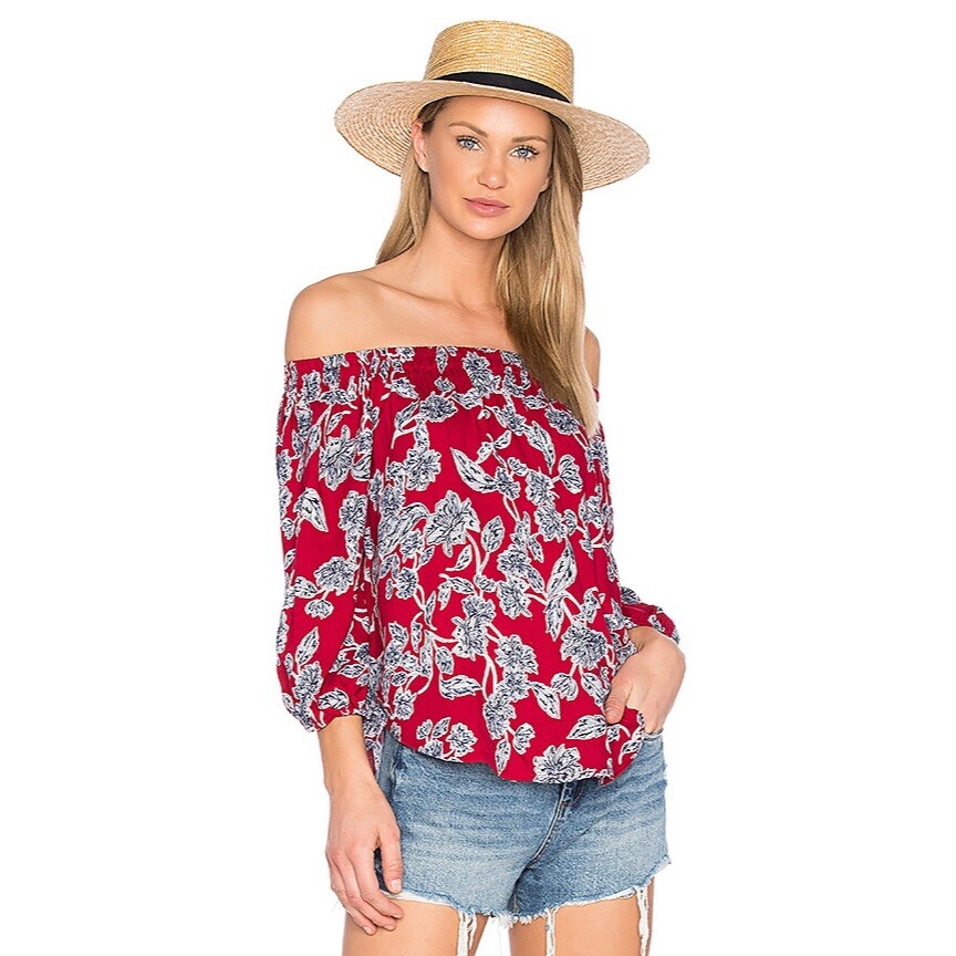 Splendid Beet Red Off the Shoulder Rayon Floral Etched Floral Blouse EUC Size XS View 2