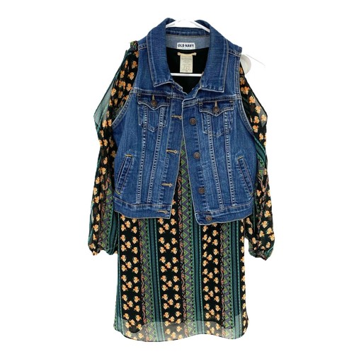 Antiguo Vestido Azul Marino Para Mujer XS Lote Chaleco Denim Geo Floral Manga Abertura Verde Trabajo Oficina - Imagen 9 de 11