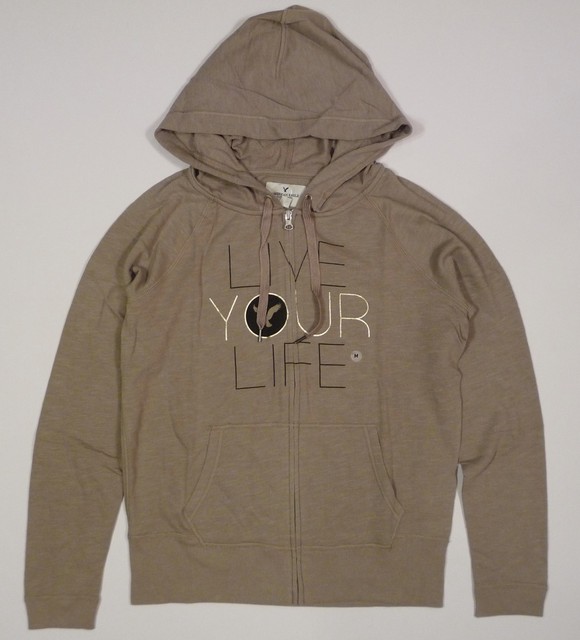 Womens NEW American Eagle Zip Up Taupe Brown Graphic Hoodie Sweatshirt M Medium | eBay