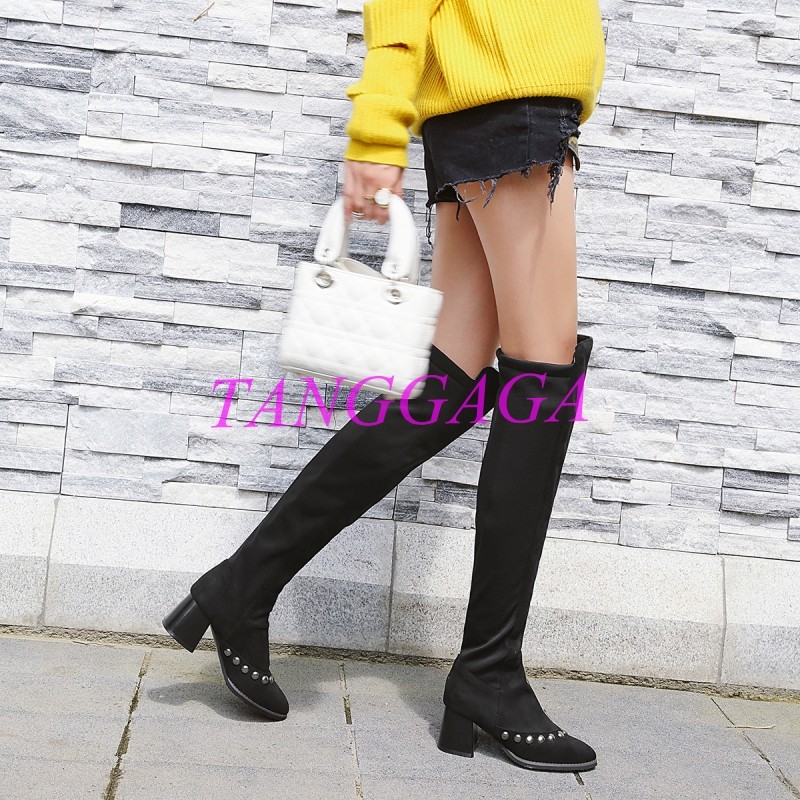 Plus Size Women Pull On Over The Knee Boots Rivet Mid Heel Pumps Motorcycle Shoe Plus Size Women Pull On Over The Knee Boots Rivet Mid Heel Pumps Motorcycle Shoe