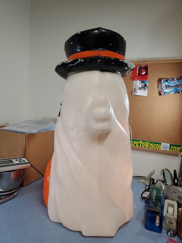 VTG Drainage Halloween 31" Top Hat Ghost Waving With Pumpkin Plastic Blow Mold - Picture 2 of 7