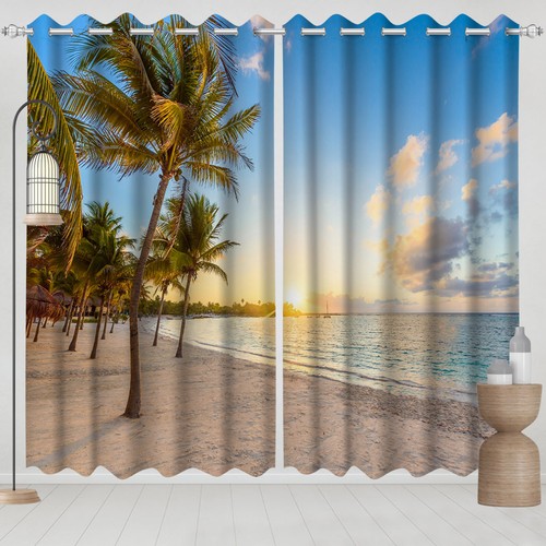 Palm Tree Sunset Beach Ocean 3D Blackout Curtain 2 Panels Drapes Window Curtains - Bild 4 von 11