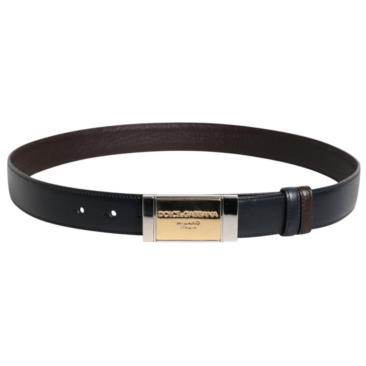 DOLCE & GABBANA Belt Blue Brown Leather Buckle Reversible