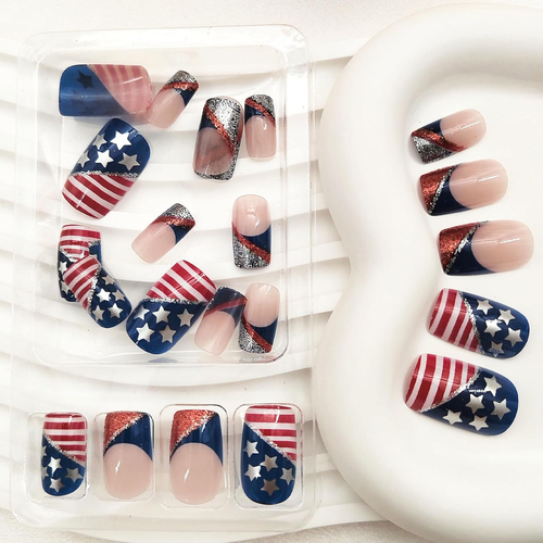4Th of July Press on Nails Short Square, Independence Day Fake American Flag -2 - Picture 2 of 6