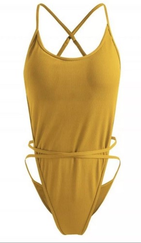 Cross Strap Knit Backless Swimsuit - Orange Yellow Gold L