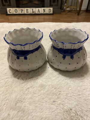 2 Vintage Porcelain White Bowl/Planter W/Blue Polka Dots W/Blue