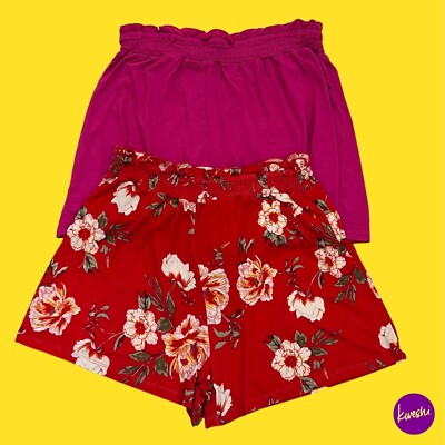 V BY VERY Damen 2er Pack leichte Shorts, Gummizug, rosa/rot, UK 12