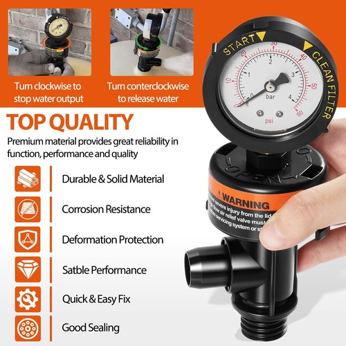 98209800 High Flow Manual Air Relief Valve w/ Gauge Set For Pentair Pool Filters - Picture 5 of 9