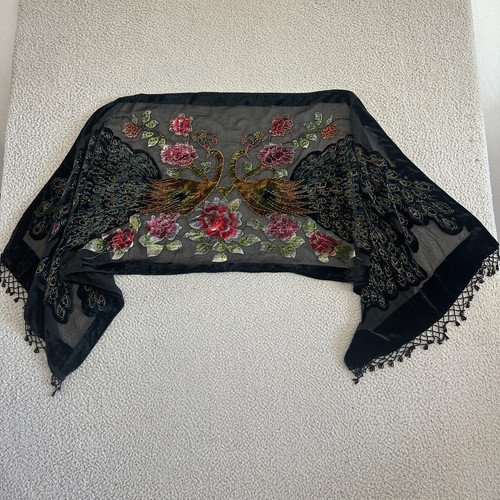 VTG Peacock Silk Beaded Shawl Wrap Burnout Tasseled 90s Black Velvet Trims - Picture 10 of 17