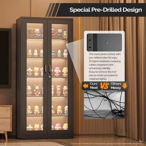 71" Tall Black Metal Storage Cabinet Lockable Display Cabinet with Glass Doors - Picture 6 of 10