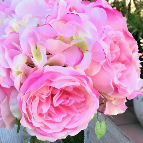 Artificial Mixed Peony Hydrangea Faux Flower Arrangement w Glass Vase Faux Water - Picture 4 of 11