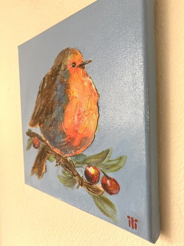 Original Acrylic/Oil Canvas Textured Painting Cute Robin Bird Portrait by ili - Picture 4 of 7