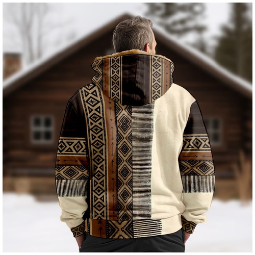 Felpa con cappuccio uomo invernale foderata in pile bohemien folk zip jacket - Foto 5 di 20