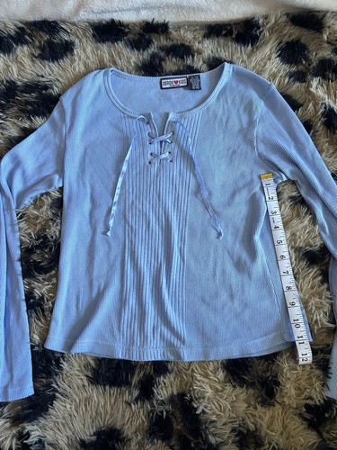 Women’s Y2K Light Baby Blue Ribbed Long Sleeve V Neck Top Shirt 2000s Corset Tie - Picture 4 of 5