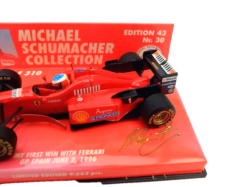 FERRARI F1 F 310 SCHUMACHER PRIMA VITTORIA FERRARI GP SPAGNA BARCELLONA 1996 1:43 IMBALLO ORIGINALE - Foto 4 di 4