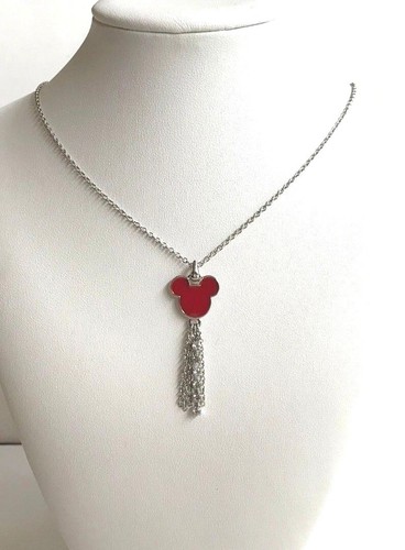 Vintage Disney Couture Mickey Mouse Necklace Red Tassel Crystal Silver Plated - Picture 5 of 11
