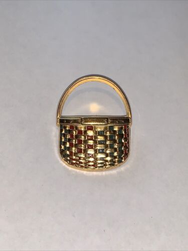 seltener Longaberger Korb goldfarben Metall Pin Vintage rot grün offizielle Sammlung - Bild 1 von 6