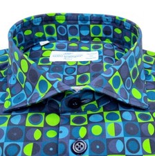 Mens French Fancy Printed Geometric Blue Bottom Cotton Mako Shirt