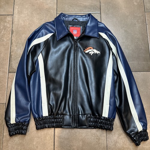Vintage 90s Denver Broncos NFL Jacket Size Medium Faux Leather Black Navy Nice! - Picture 2 of 23