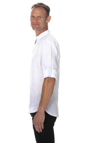 Ugholin Camicia Uomo in Lino Collo alla Coreana a Maniche Lunghe Bianca - Foto 2 di 10