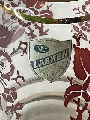 VINTAGE GLASKARAFFE ROTE BLUME GOLDBARREN BELGIEN LAEKEN VERRERIES WEIHNACHTSGESCHENK