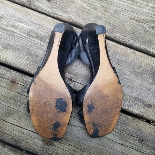 Vintage 90s y2k Black Leather Square toe Bow Front Slingback Wedge Sandals 8 - Picture 7 of 9