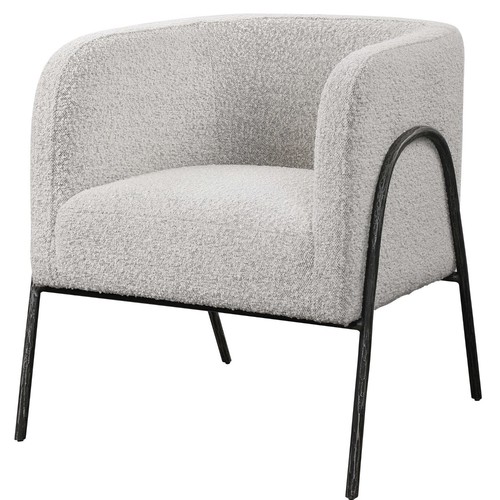 Retro Modern Gray Barrel Back Accent Chair Iron Frame Textured Fabric Scandi - Picture 17 of 18