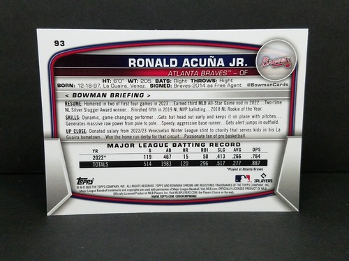 2023 Topps Bowman Chrome #93 Ronald Acuna Jr., Atlanta Braves - Base Card - Bild 2 von 2