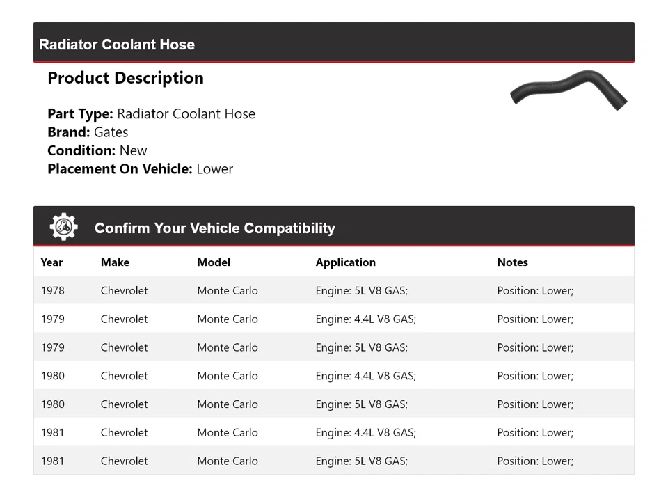 Manguera de refrigerante de radiador puertas inferiores 1979 1980 Chevrolet Monte Carlo 1978-1981 Foto 2 de 4