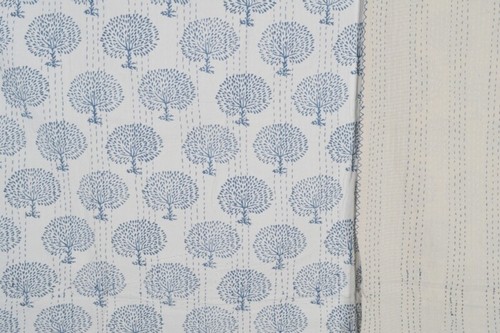 Blue Bed Runner Kantha Quilt Tree Print Ralli Gudri Queen Bedspreads Throw - Picture 7 of 8