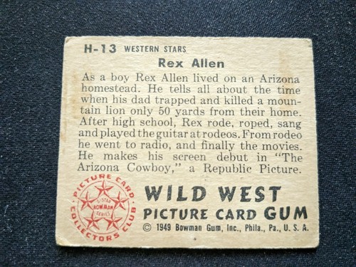 Tarjeta Bowman Wild West 1949 # H-13 Rex Allen (en muy buen estado/excelente) - Imagen 2 de 3