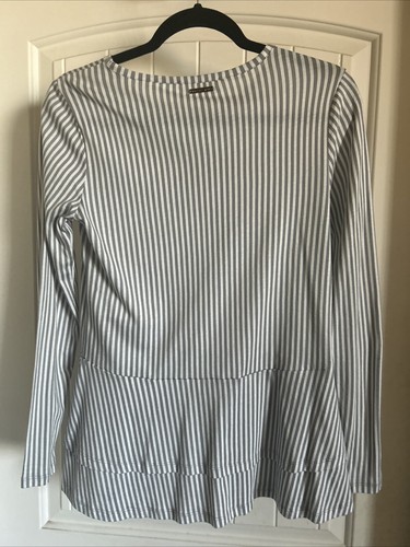 Michael Kors Blue White Striped Peplum Top Xs Long Sleeve Ruffle Cotton - Picture 3 of 7