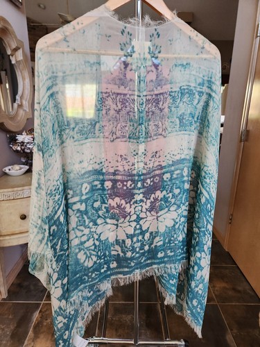 CHASER Classic Kimono/Shawl/Wrap Torquise/Cream Floral Tie DyedCrepe De Silk M/L - Picture 2 of 10