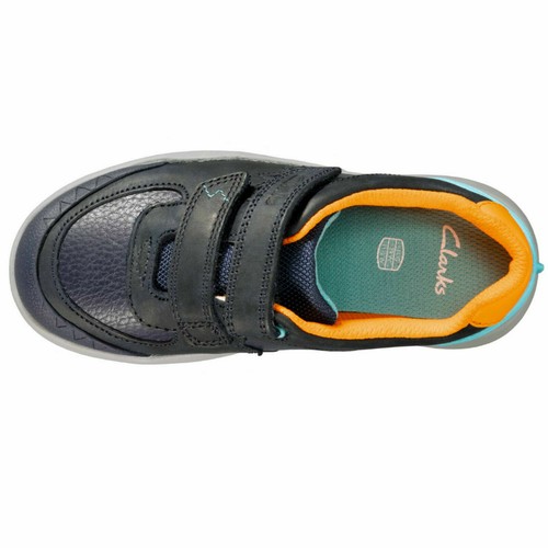 Boys Clarks 'Rex Quest K' Navy Or Khaki Leather Casual Hook & Loop Strap Shoes - Picture 22 of 23