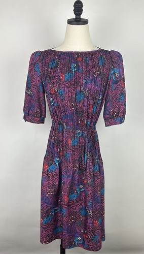 Vintage 70s Dress Womens 8 / Medium Tropical Floral Print Puff Sleeve Pleated - Picture 2 of 13