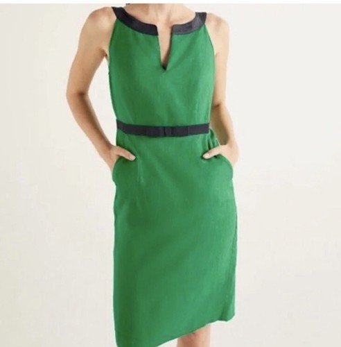 Boden Linen Sheath Dress Womens Size 6R Green And Navy midi Bow - Picture 1 of 11