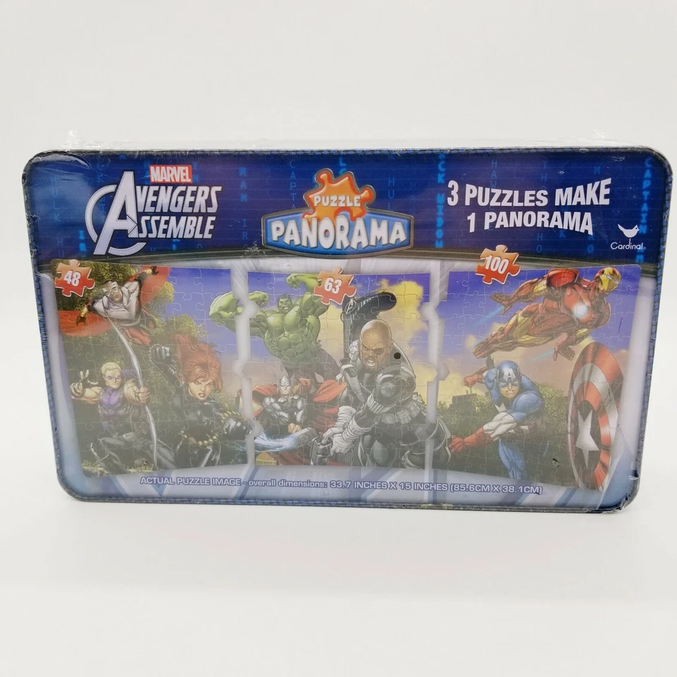 NEW SEALED Marvel Avengers Metal Tin 3 Puzzles 1 Panorama 100 Piece Puzzle Set - Image 2 of 4