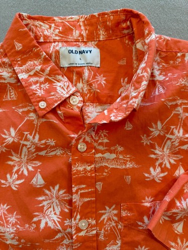 Old Navy Button Down Shirt Men's Large New Flex Coral Hawaiian Palm Collared - Picture 2 of 5