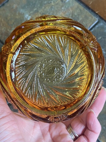 Vintage Kemple Amber Cut Glass Lidded Candy Dish Compote HOBSTAR AND FAN - Picture 9 of 9