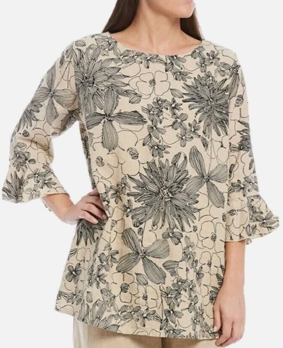 Bryn Walker M Shirt Linen Chiara Blouse Floral Top 3/4 Sleeve Scoop Neck Key