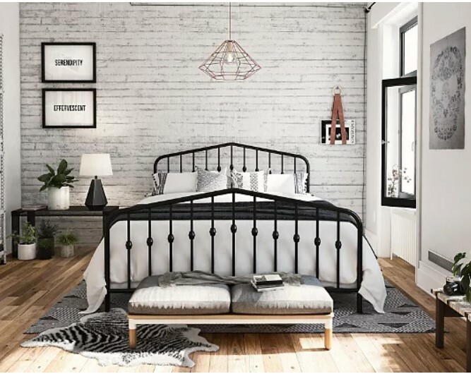 Queen Size Metal Slat Platform Bed Frame Farmhouse Headboard