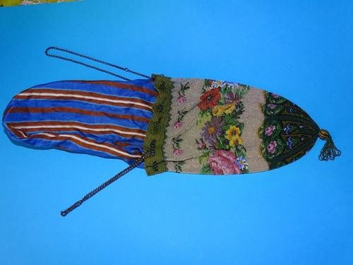 Alt Biedermeier Glasperlentasche Geldbörse,Trachtenbeutel L:30 cm..m Silberkette - Bild 6 von 15