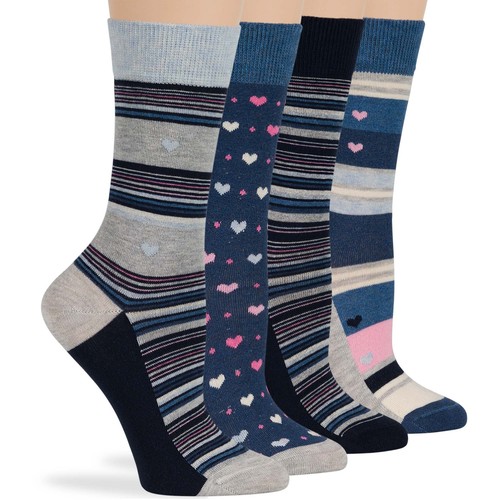 Women Cotton Crew Socks-4 Pack Medium- Heart-Stripe -Denim Blue Pink Grey - Picture 11 of 12
