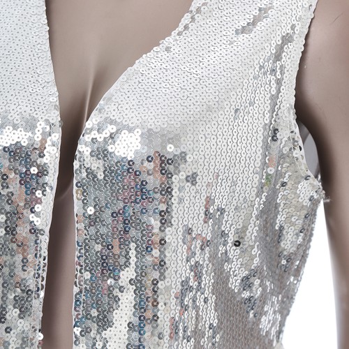 Women Vest Vintage Crop Top Concert Coat Sequin Waistcoat Rave Jacket Retro Tee - Picture 12 of 32
