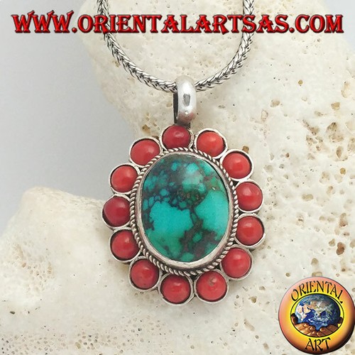 Ciondolo in Argento 925‰ a fiore grande con turchese naturale tibetano e coralli - Foto 2 di 2