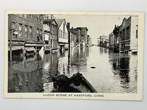 1936 Hartford CT - Flood Scene - Canoe Main Street Unposted Connecticut Postcard