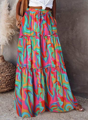 Womens Boho Maxi Skirt Floral Print High Waist Long Tiered A-Line Summer Skirt - Picture 19 of 65