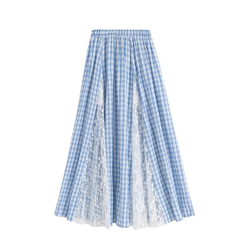Plaid A-line Skirt Elastic High Waist Lace Splice Irregular Skirt Full length - Picture 4 of 14