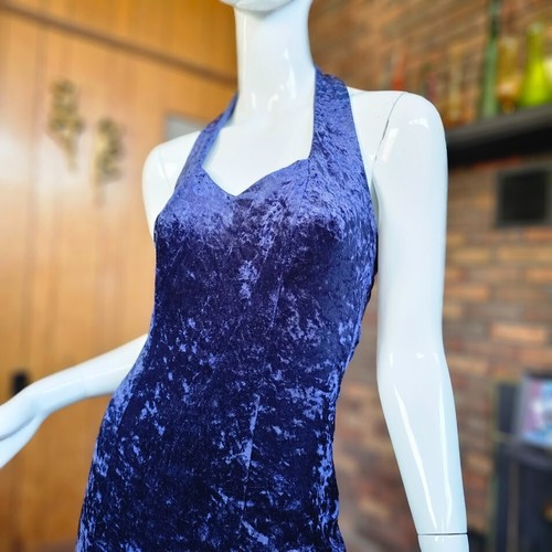 Vintage 90s Crushed Blue Stretch Velvet Kinderwhore Goth Halter Mini Dress XS/S - Picture 3 of 9