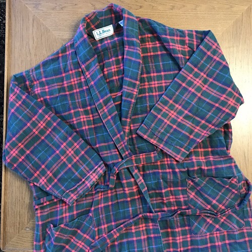 Vintage 90s LL Bean Men Robe Scotch Plaid Flannel Pockets Belted Red Green Large - Picture 2 of 6